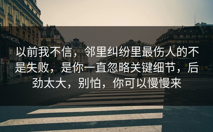 以前我不信，邻里纠纷里最伤人的不是失败，是你一直忽略关键细节，后劲太大，别怕，你可以慢慢来